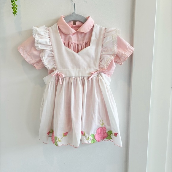 Vintage Other - Vintage 80's Baby Girl Smocked Light Pink Dress With Embroidered Floral Apron
